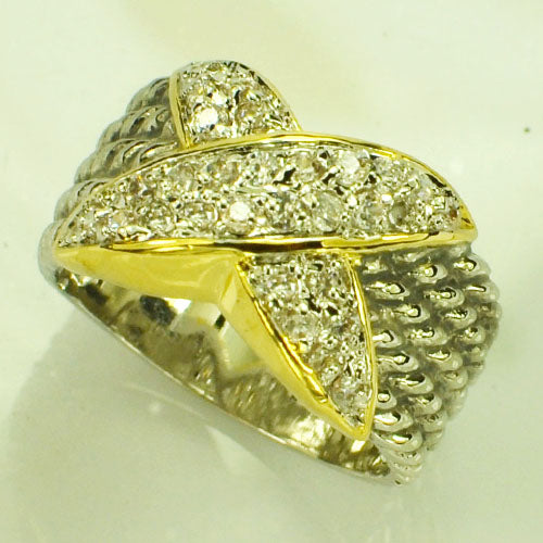 SILVER GOLD X RING CZ STONES SIZE 7 ( 0414 K7 )