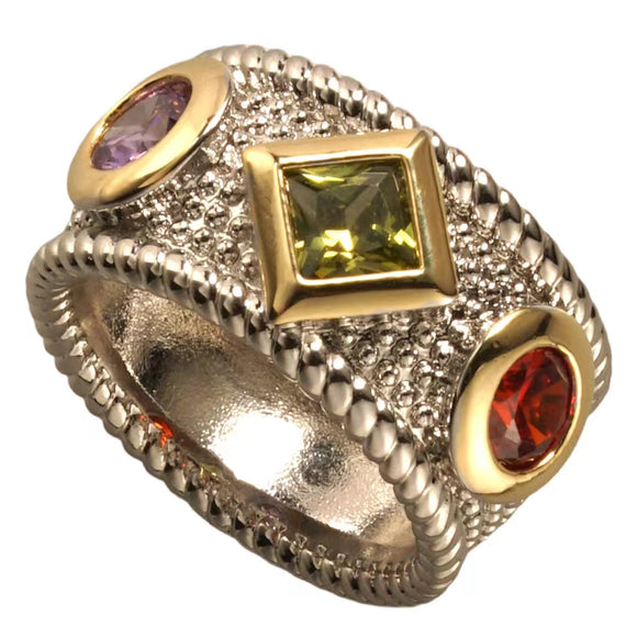 SILVER GOLD RING MULTI COLOR STONES SIZE 9 ( 1736 KDM-9 )