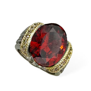 SILVER GOLD RING RED STONE SIZE 9 ( 2123 KG9 )