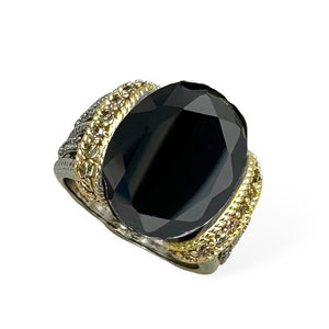 SILVER GOLD RING BLACK CZ STONE SIZE 9 ( 2123 KJ-9 )