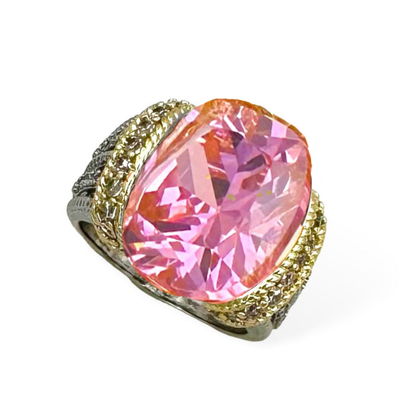 SILVER GOLD RING PINK STONE SIZE 8 ( 2123 KRO8 )