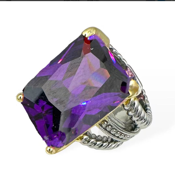 SILVER GOLD RING AMETHYST CZ STONE SIZE 7 ( 2148 A7 )