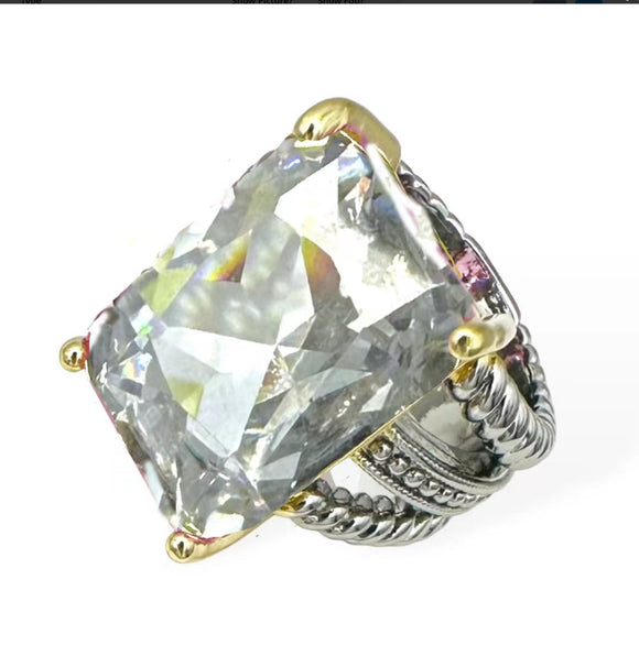 SILVER GOLD RING CLEAR CZ STONE SIZE 7 ( 2148 C7 )