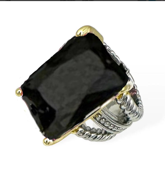 SILVER GOLD RING BLACK CZ STONE SIZE 7 ( 2148 J7 )