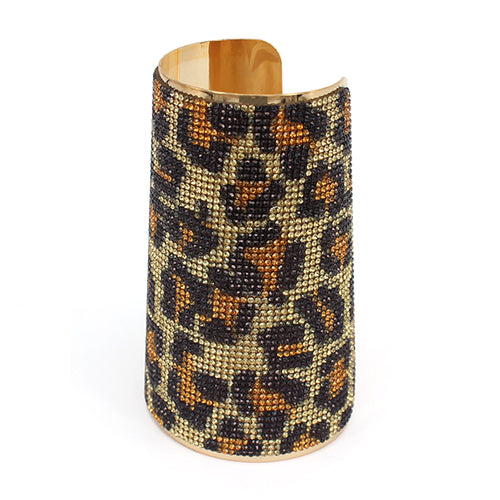 GOLD OVERSIZE METAL CUFF BRACELET LEOPARD PRINT STONES ( 7020 GDLEO )