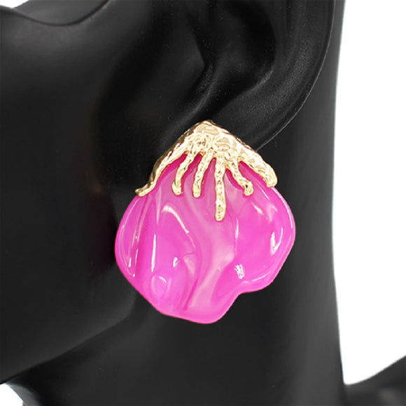 FUSCHSIA PINK FLOWER PETAL ENAMEL GOLD EARRINGS ( 2741 GDFU )