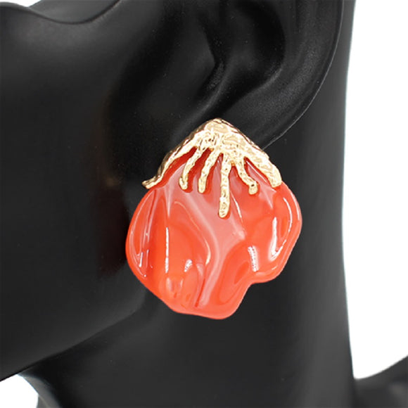 BURNT ORANGE FLOWER PETAL ENAMEL GOLD EARRINGS ( 2741 GDOR )