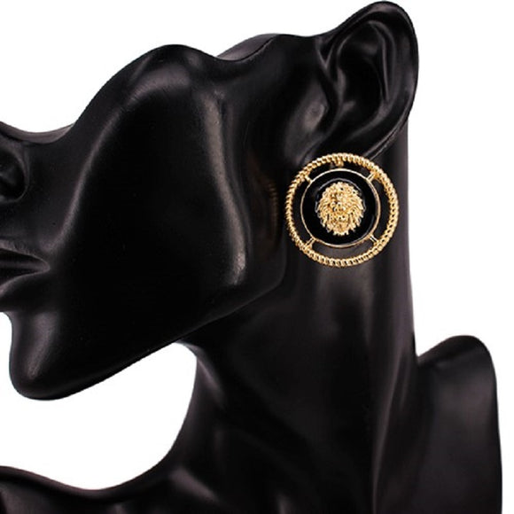 GOLD BLACK LION HEAD EARRINGS ( 3445 GDBLK )