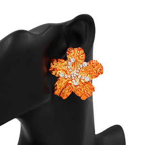 ORANGE FLOWER EARRINGS CLEAR STONES ( 4371 OR )