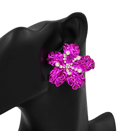 PINK FLOWER EARRINGS CLEAR STONES ( 4371 PK )