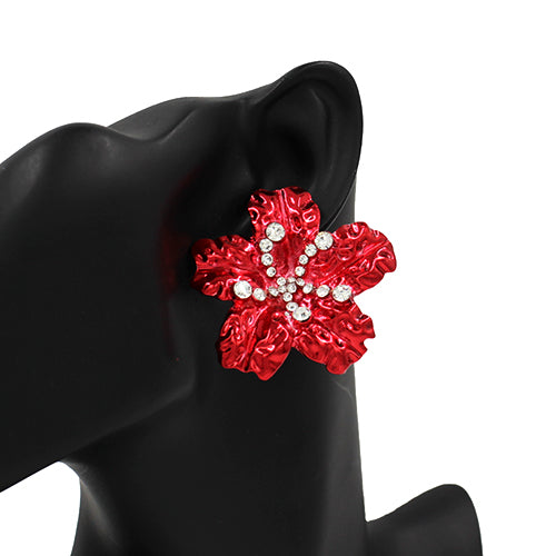 RED FLOWER EARRINGS CLEAR STONES ( 4371 RED )