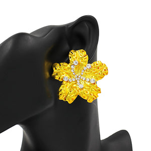 YELLOW FLOWER EARRINGS CLEAR STONES ( 4371 YW )