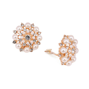 GOLD CREAM SUNBURST SHAPE CLIP ON EARRINGS CLEAR STONES CREAM PEARLS ( 8203 GDCRM )