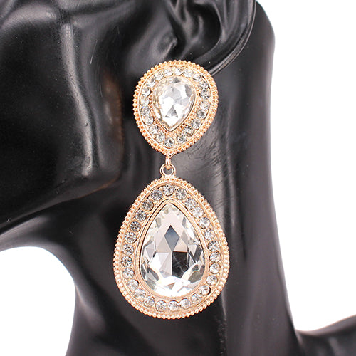 GOLD CLEAR TEARDROP CLIP ON EARRINGS ( 8246 GDCLR )