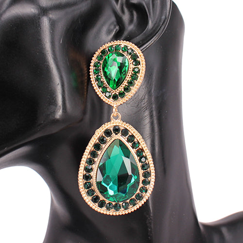 GOLD EMERALD GREEN TEARDROP CLIP ON EARRINGS ( 8246 GDEMR )