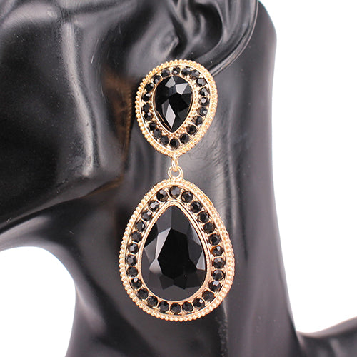 GOLD BLACK TEARDROP CLIP ON EARRINGS ( 8246 GDJET )