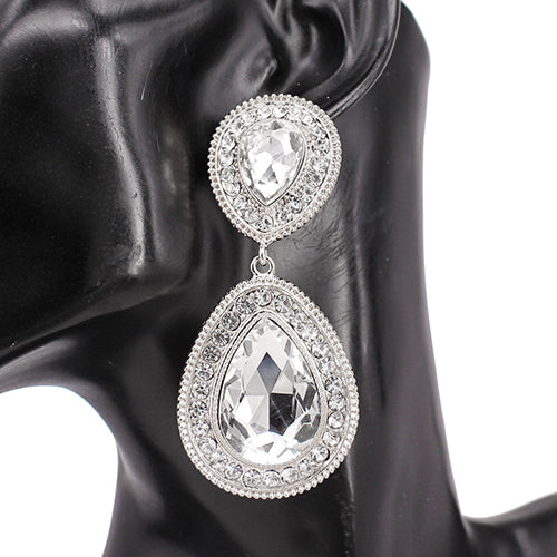 SILVER CLEAR TEARDROP CLIP ON EARRINGS ( 8246 RDCLR )