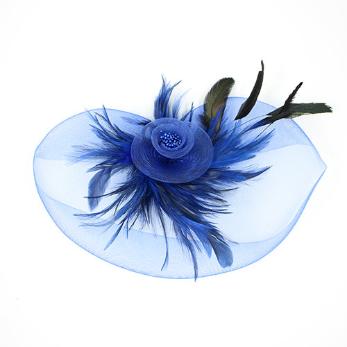 BLUE FASCINATOR BEAD CLUSTER FEATHERS MESH FLOWER DESIGN ( 1259 BL )