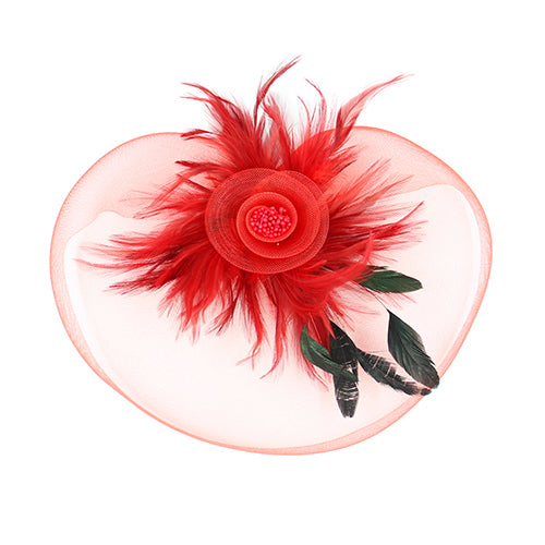 RED FASCINATOR BEAD CLUSTER FEATHERS MESH FLOWER DESIGN ( 1259 RED )