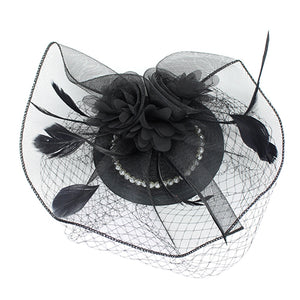 BLACK FASCINATOR FEATHERS MESH WHITE PEARLS ( 1268 BK )