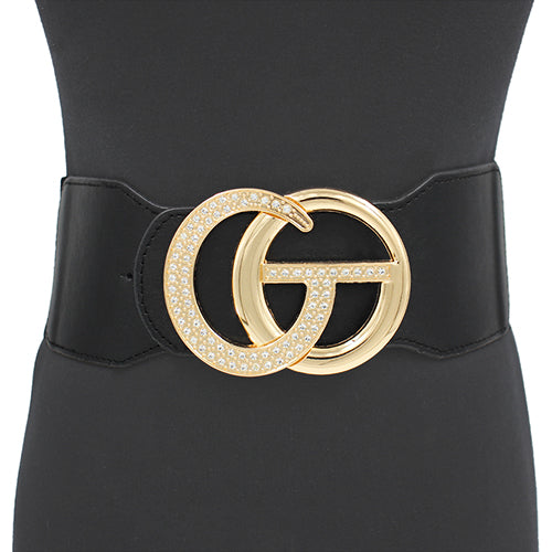 GOLD BLACK CG STRETCH BELT CLEAR STONES ( 1308 GDBLK )