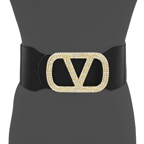 GOLD BLACK V STRETCH BELT CLEAR STONES ( 1309 GDBLK )