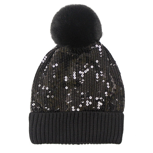 BEANIE SEQUIN POM POM BLACK ( 2752 BK )