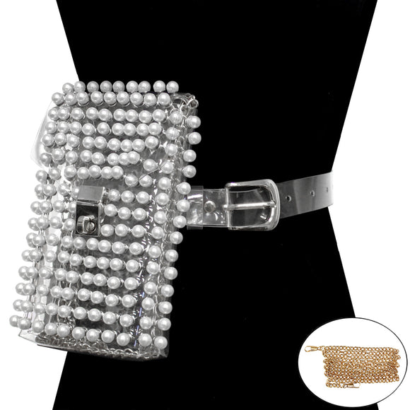 Clear BELT FANNY PACK CROSS BODY BAG White Pearls ( 2779 CRWHT )