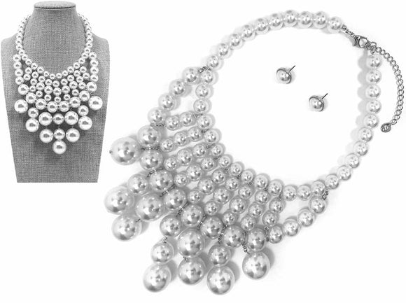 Silver Pearl Statement Necklace Set ( 8291 RHWHP )