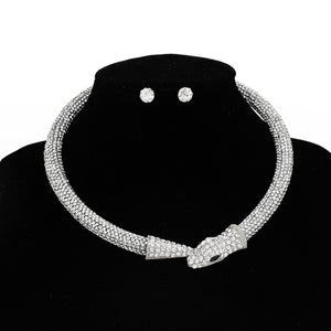 SILVER SNAKE CHOKER NECKLACE SET CLEAR STONES ( 2098 RDCLR )