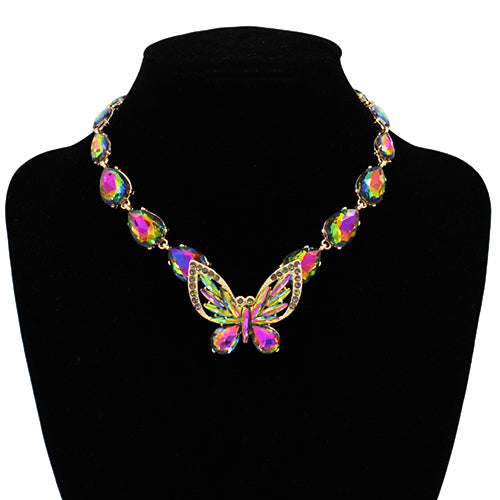 GOLD NECKLACE VITRAIL OIL SPILL COLOR STONES BUTTERFLY ( 2116 GDHG )