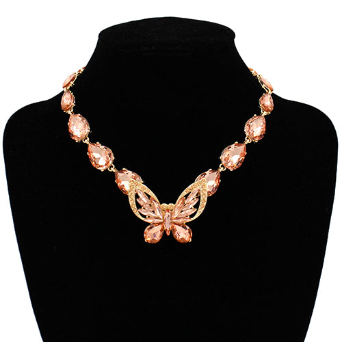 ROSE GOLD NECKLACE PEACH STONES BUTTERFLY ( 2116 RGPCH )