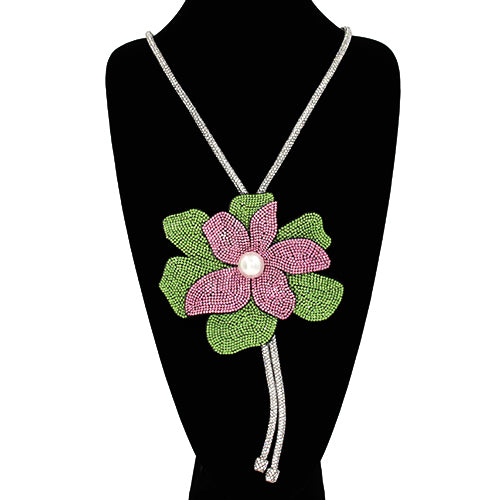 PINK GREEN FLOWER POINTED NECKLACE ( 2159 PNG )