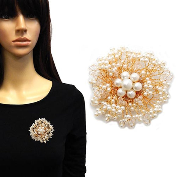 CREAM PEARL CLUSTER FLOWER BROOCH ( 4008 GDCRM )
