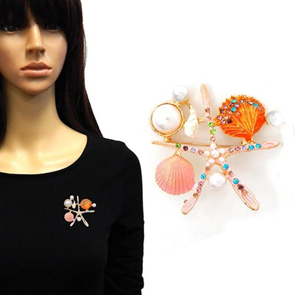 PEACH SEA LIFE EPOXY AND PEARL BROOCH ( 4012 GDPCH )