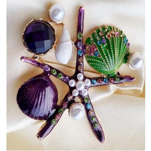 PURPLE SEA LIFE EPOXY AND PEARL BROOCH ( 4012 GDPUR )