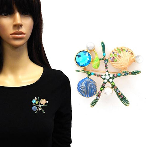 TEAL SEA LIFE EPOXY AND PEARL BROOCH ( 4012 GDTEAL )