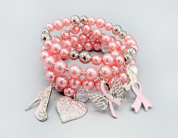 PINK RIBBON PEARL STRETCH BRACELETS ( 1545 LPKP )