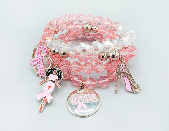 PINK SILVER PINK RIBBON STRETCH BRACELETS ( 1546 LPK )