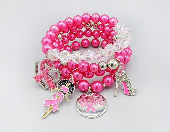 PINK PEARL SILVER PINK RIBBON STRETCH BRACELETS ( 1546 PKP )