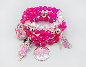 PINK SILVER PINK RIBBON STRETCH BRACELETS ( 1546 PK )