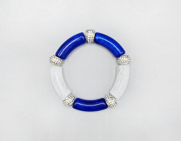 BLUE WHITE STRETCH BRACELET CLEAR STONES ( 1598 BLWHT )