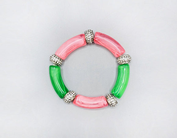 PINK GREEN STRETCH BRACELET CLEAR STONES ( 1598 PKGRN )