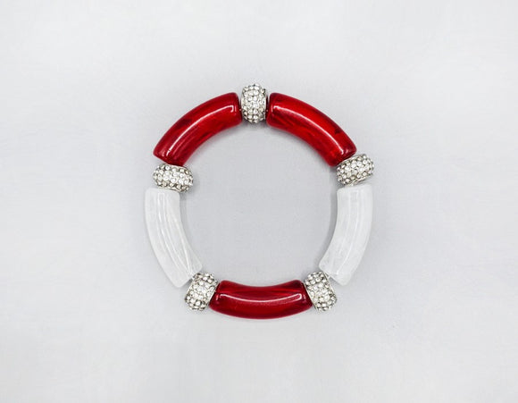 RED WHITE STRETCH BRACELET CLEAR STONES ( 1598 RDWHT )