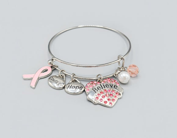 SILVER CHARM BRACELET PINK RIBBON HEART ( 1604 LPK )