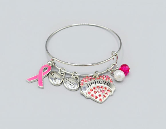 SILVER CHARM BRACELET PINK RIBBON HEART ( 1604 PK )