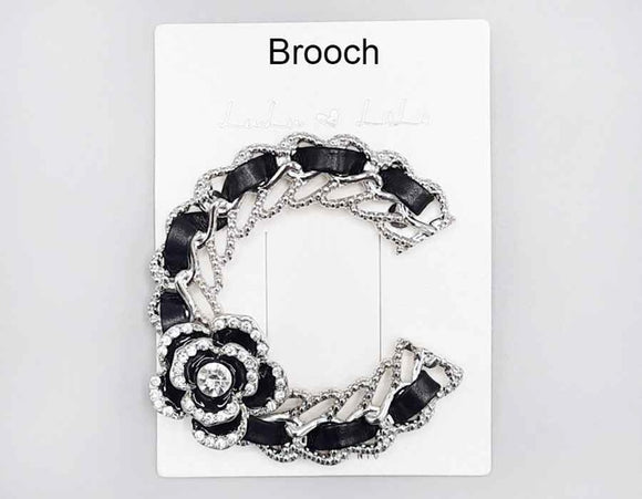 SILVER BLACK C BROOCH FLOWER CLEAR STONES ( 1015 RHBK )