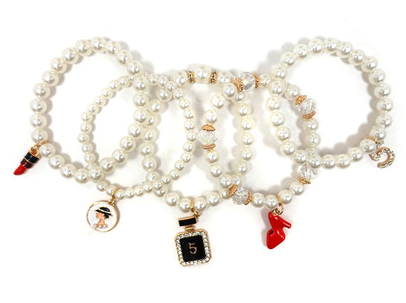 GOLD CREAM PEARL STRETCH BRACELETS DANGLING CHARMS ( 5612 GDCRP )