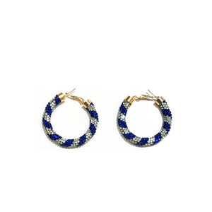 WHITE BLUE RHINESTONE HOOP EARRINGS ( 02 WHBL )