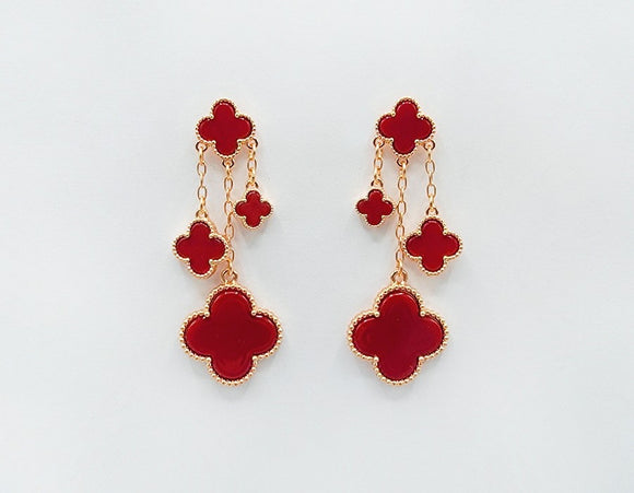 GOLD RED QUATREFOIL DANGLING EARRINGS ( 2156 GDRD )